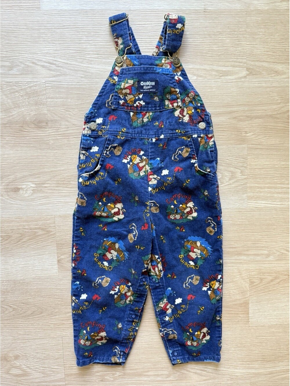OshKosh B'gosh Vintage Corduroy‎ Overalls Kids 4T Blue Camping Fishing Bear USA